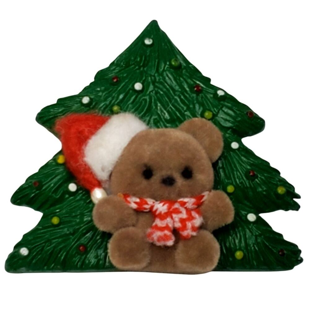 Vintage Christmas Holiday Costume Velvet Bear & Plastic Tree Pin 2"